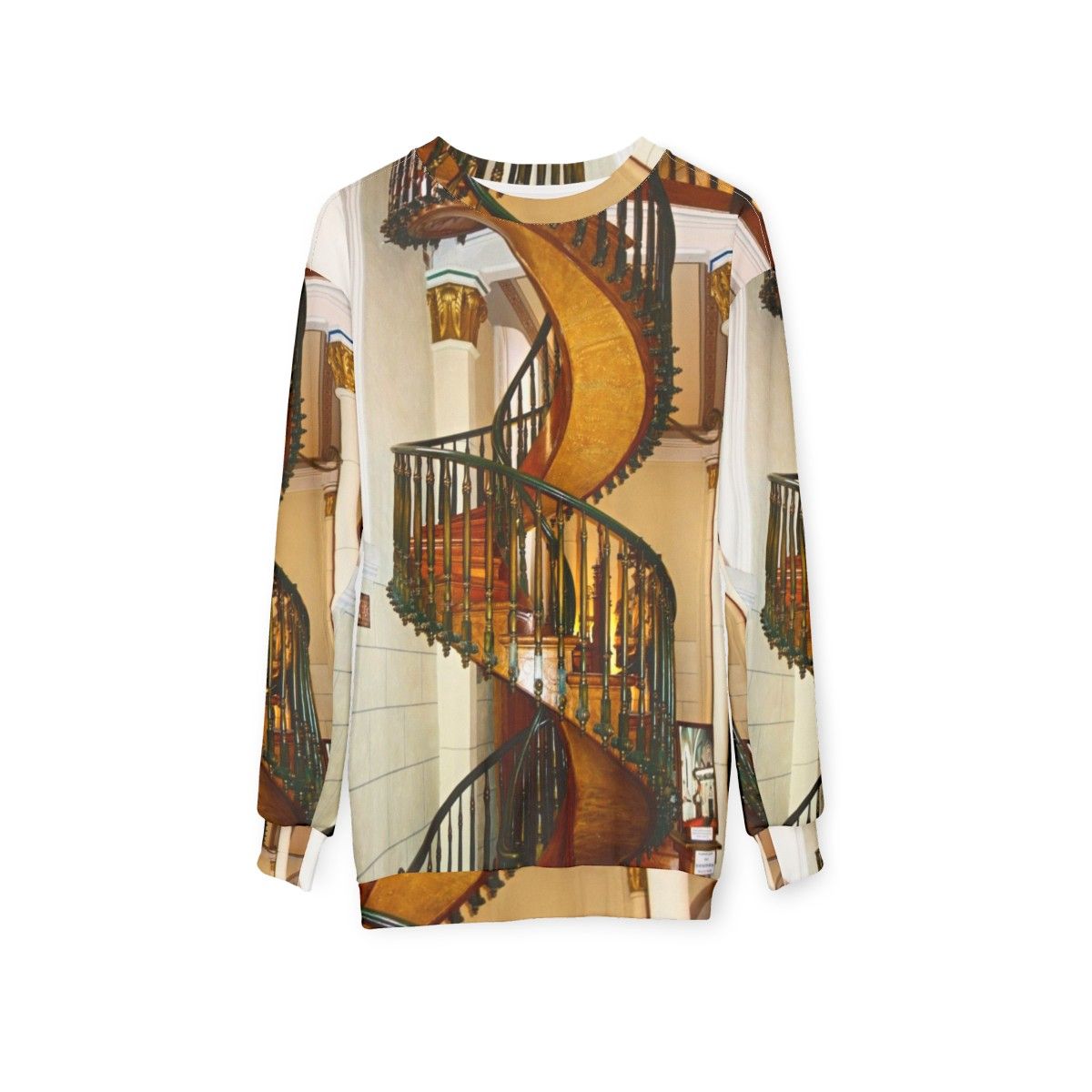 Loretto Chapel Staircase Sweatshirt featuring the iconic wooden spiral staircase in Santa Fe, New Mexico - hanging