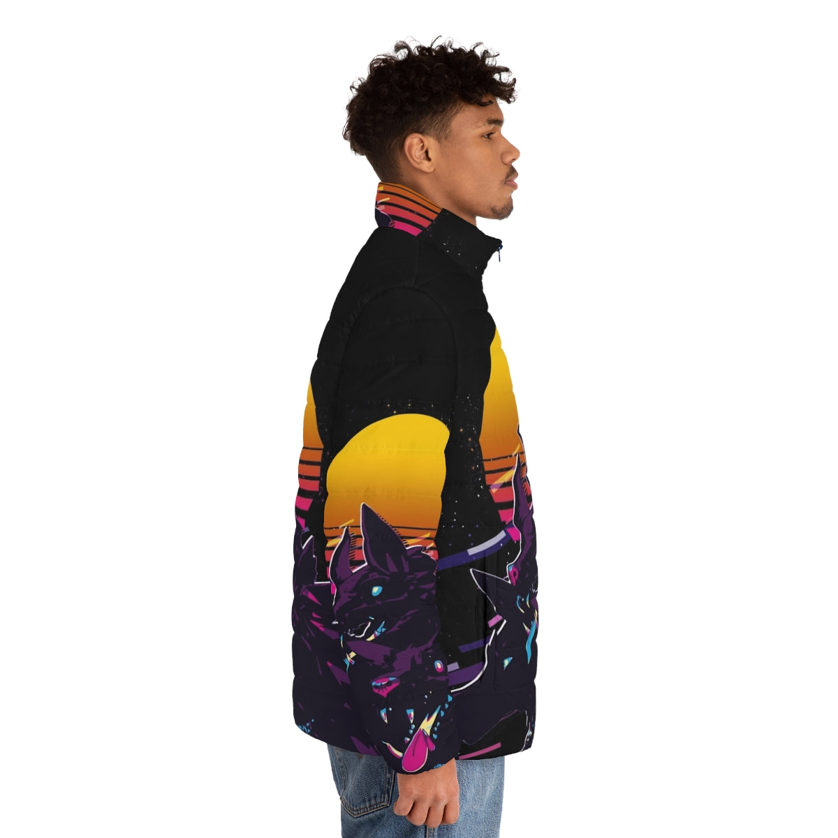 Cerberus Hades 80s Retro Puffer Jacket featuring the three-headed hellhound of Greek mythology - men side right