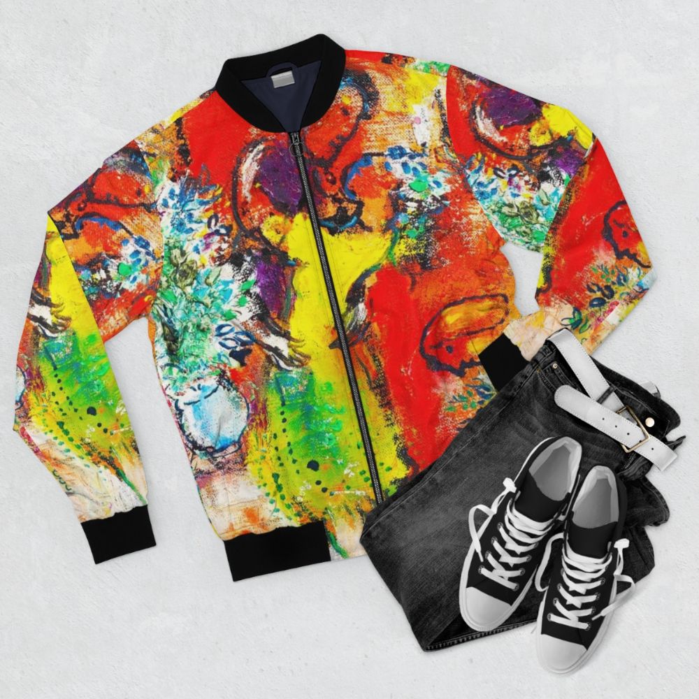 Colorful bomber jacket featuring Marc Chagall's iconic art - Flat lay