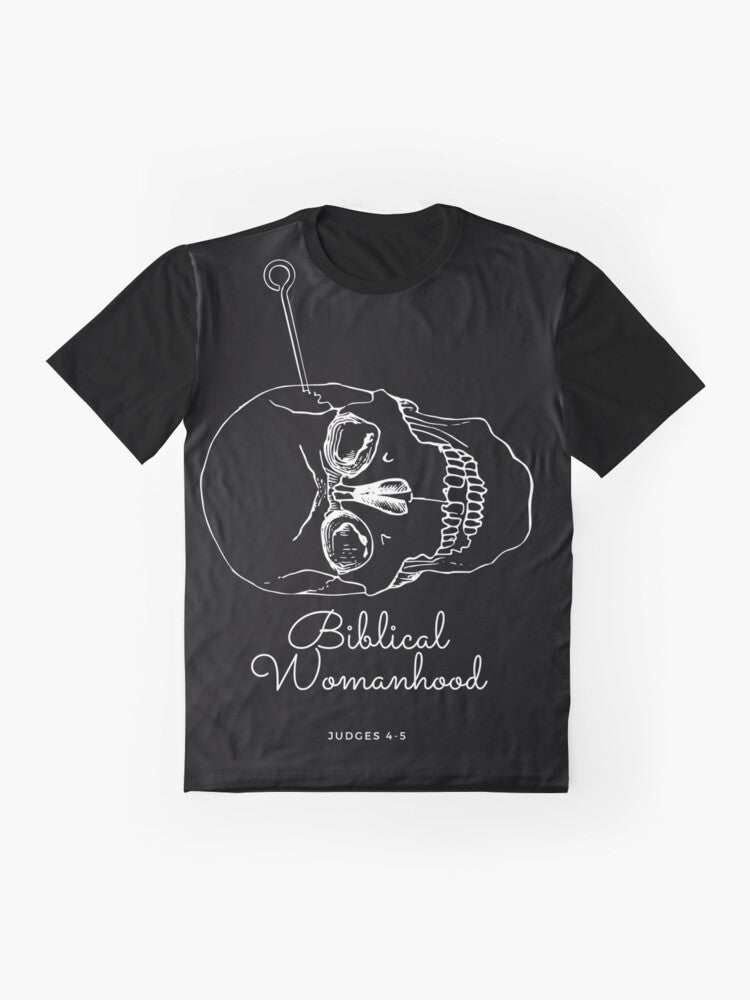 A white graphic t-shirt with the text "Biblical Womanhood" in a bold font - Flat lay