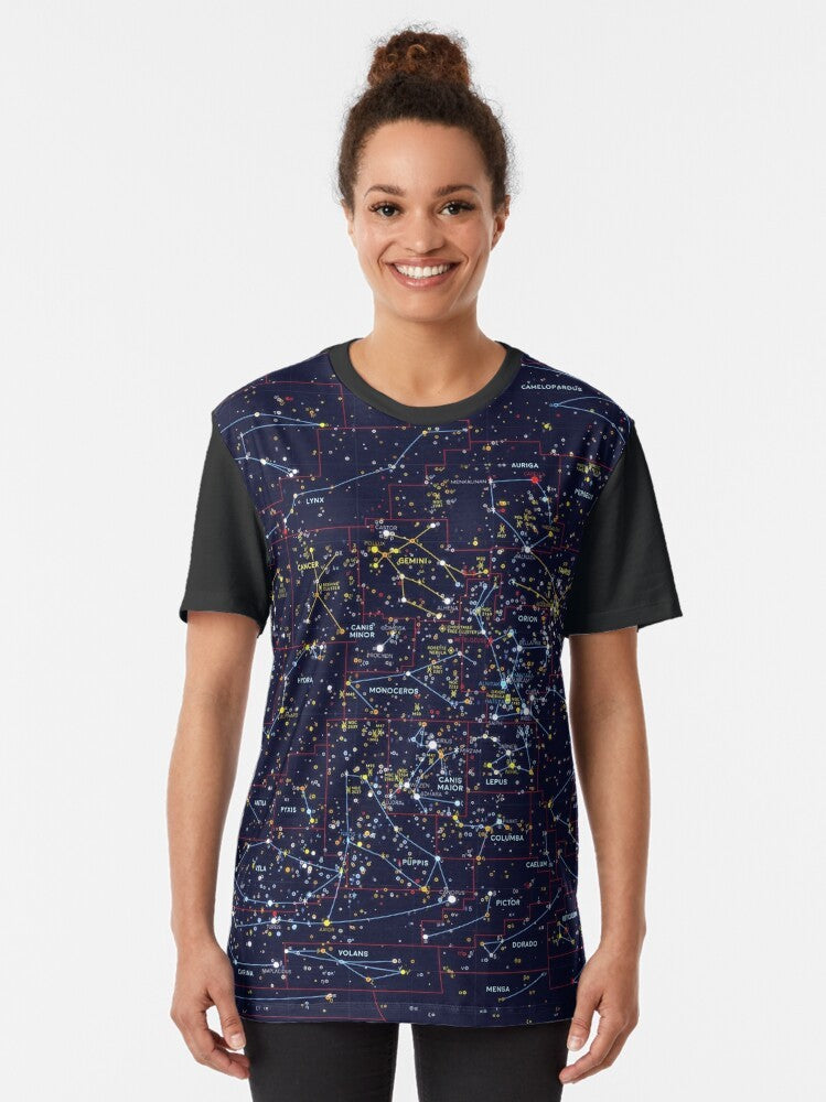 Night Constellations Graphic T-Shirt featuring stars, galaxies, and celestial elements in a visually striking design. - Women