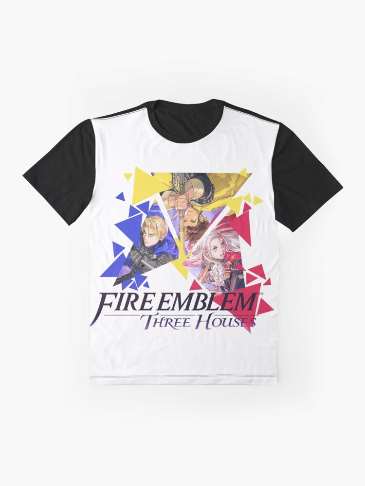 Fire Emblem Three Houses T-Shirt featuring Edelgard, Dimitri, and Claude from the popular video game. - Flat lay