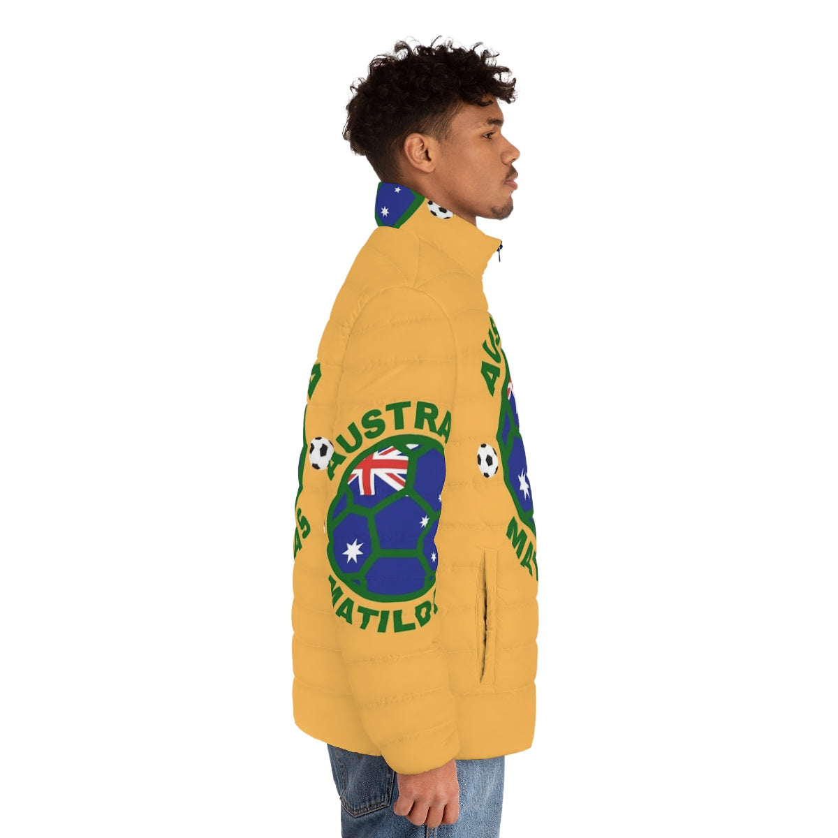 Australia Matildas Women's Soccer Team Puffer Jacket featuring the team logo and colors - men side right