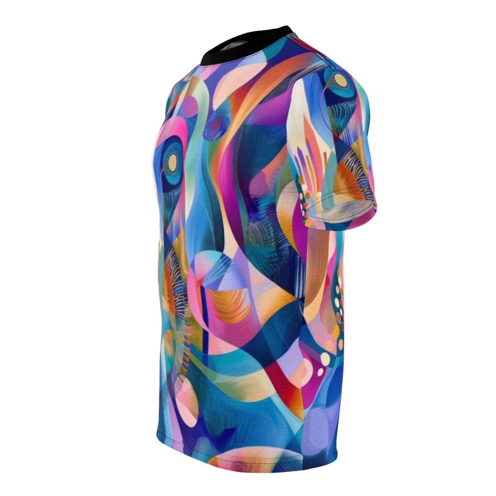 Vibrant abstract geometric design t-shirt with bold, colourful patterns inspired by modern art - men left