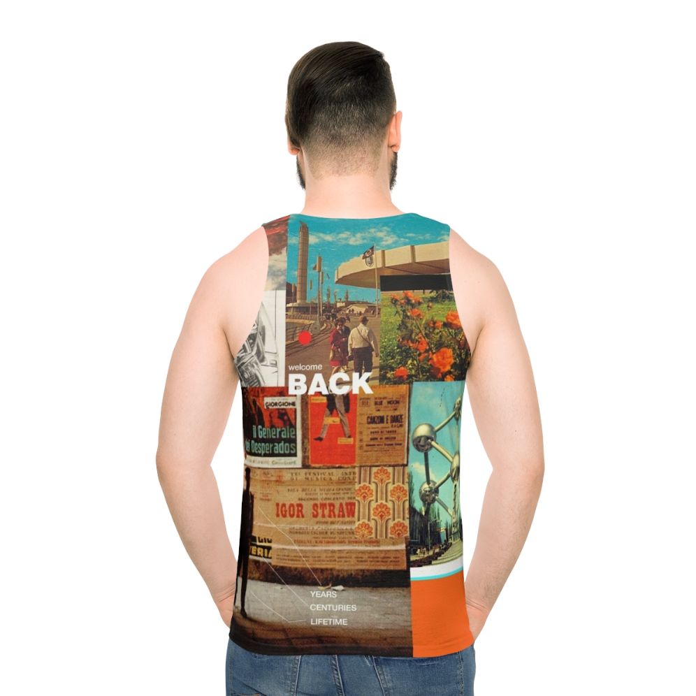 Retro-inspired unisex tank top with collage design - men back