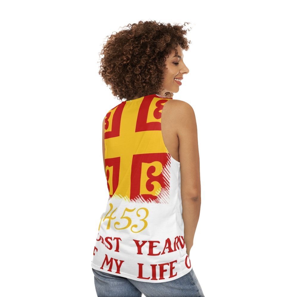 Unisex tank top with "1453: Worst Year of My Byzantine Life" design - women back