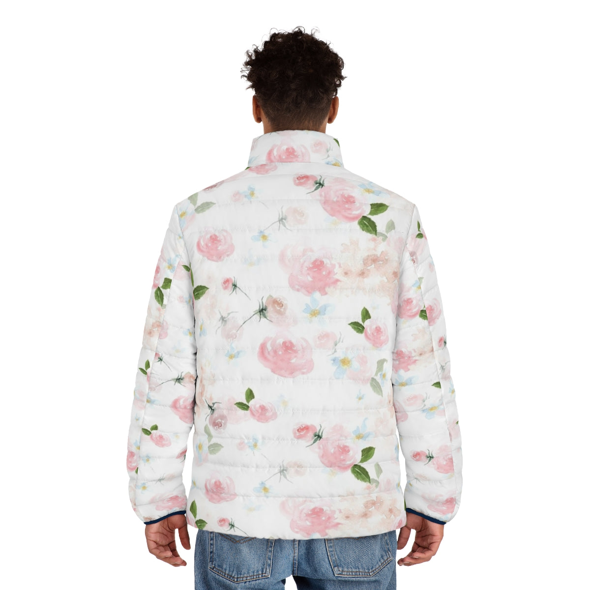 Watercolor floral botanical garden puffer jacket - men back