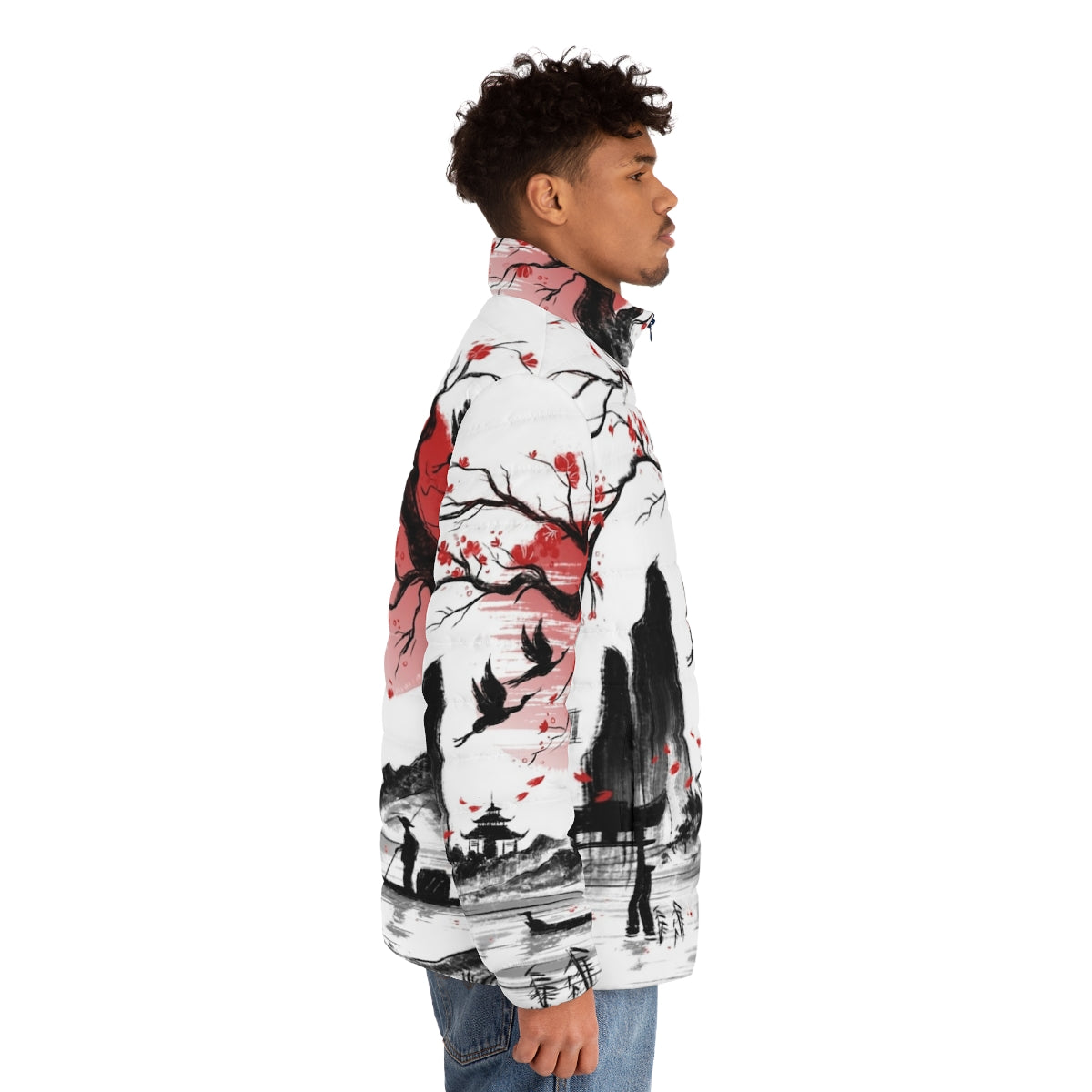 Japan Dream Puffer Jacket featuring Japanese landscape with sakura and red sun - men side right