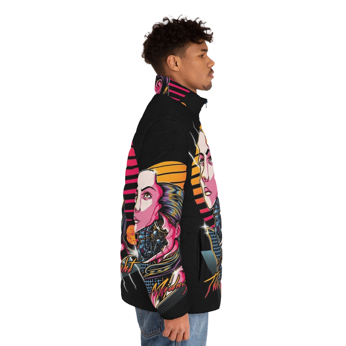 Woman wearing a black midnight puffer jacket with futuristic, cyberpunk design - men side right