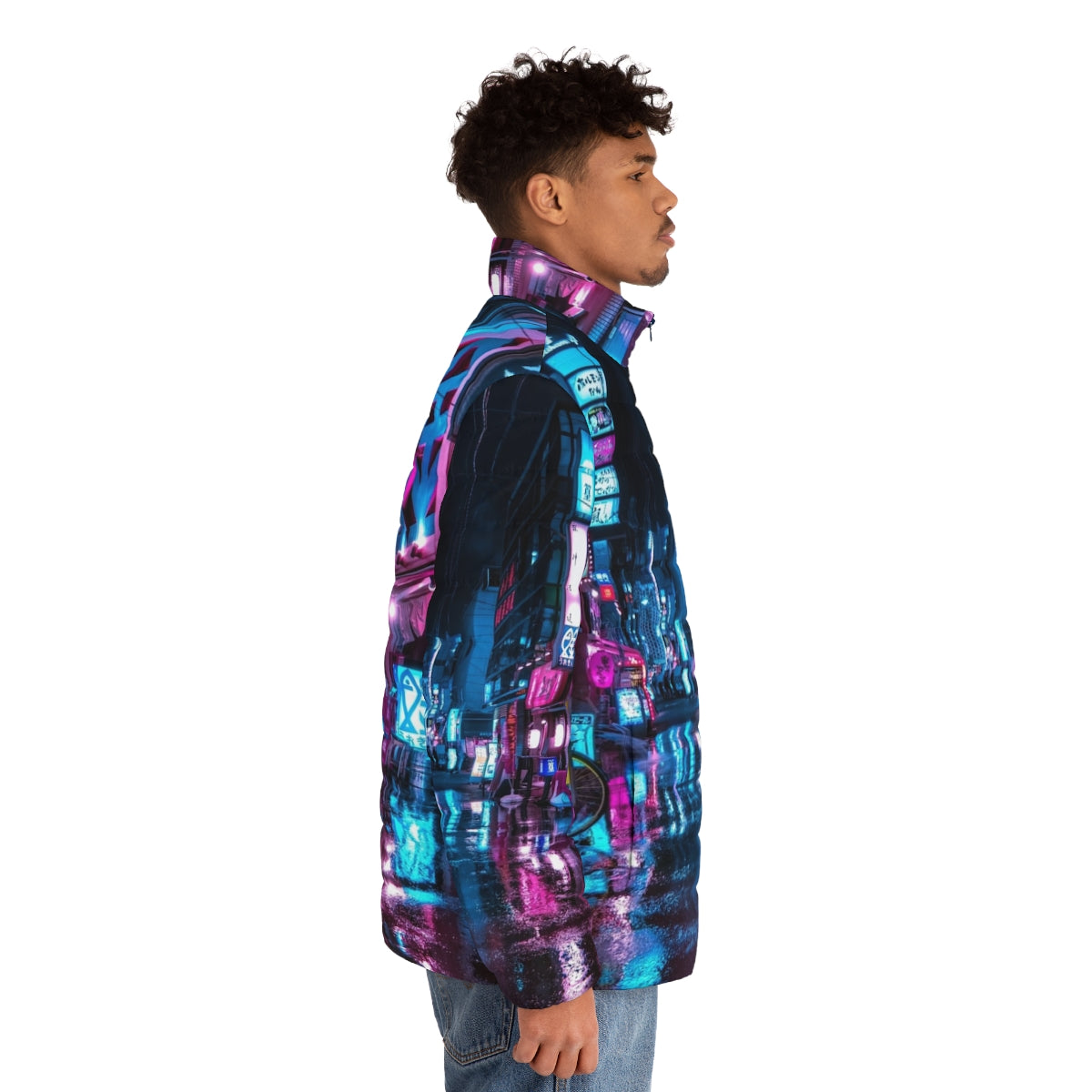 Tokyo Shimbashi puffer jacket with neon lights and cyberpunk city vibes - men side right