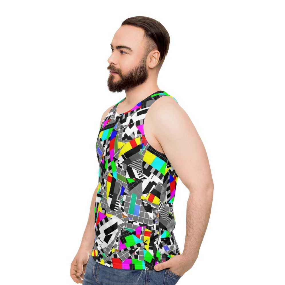 Unisex tank top with vibrant TV test pattern design - men side