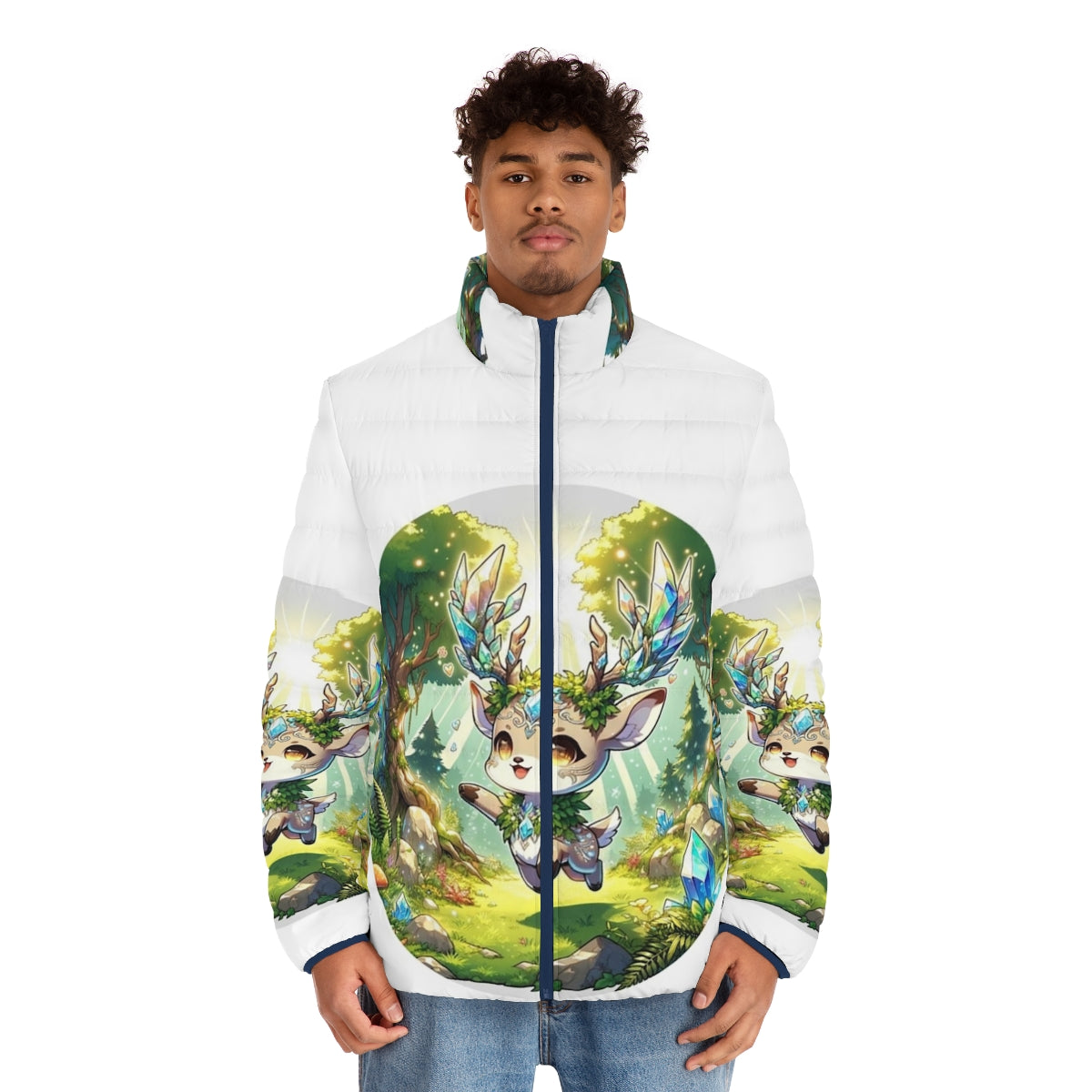 Whimsical deer puffer jacket with crystal forest design - men front