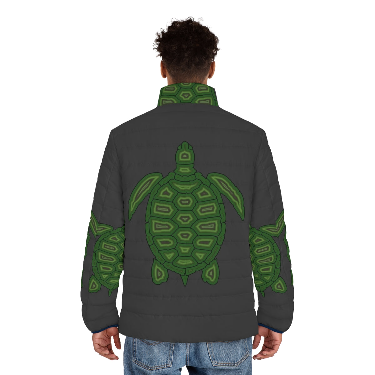 Legendary Turtle Puffer Jacket featuring a colorful, abstract turtle design - men back