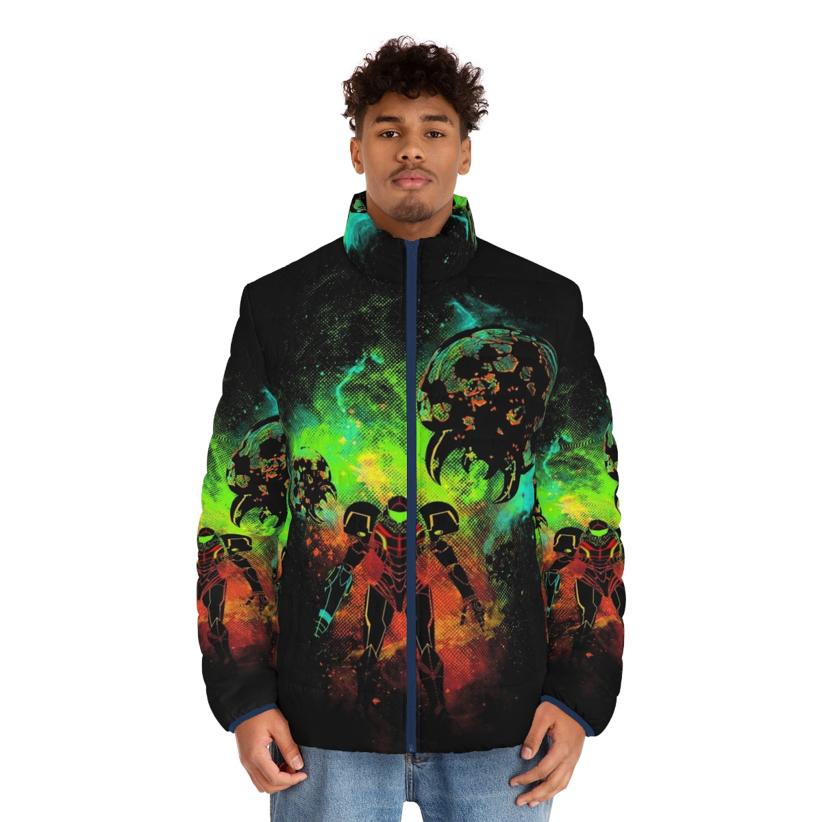 Retro gamer space puffer jacket with bounty hunter design - men front