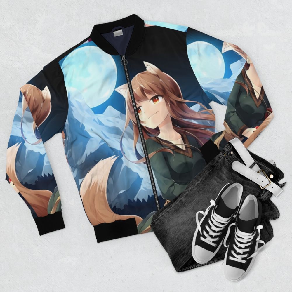 Spice and Wolf Horo Anime Bomber Jacket featuring a watercolor design of the wolf goddess Horo - Flat lay