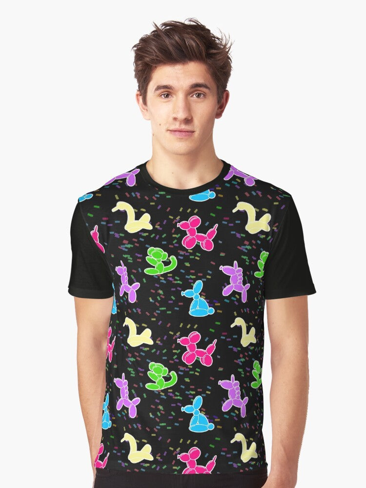 Colorful balloon animals including a dog and unicorn on a black graphic t-shirt - Men