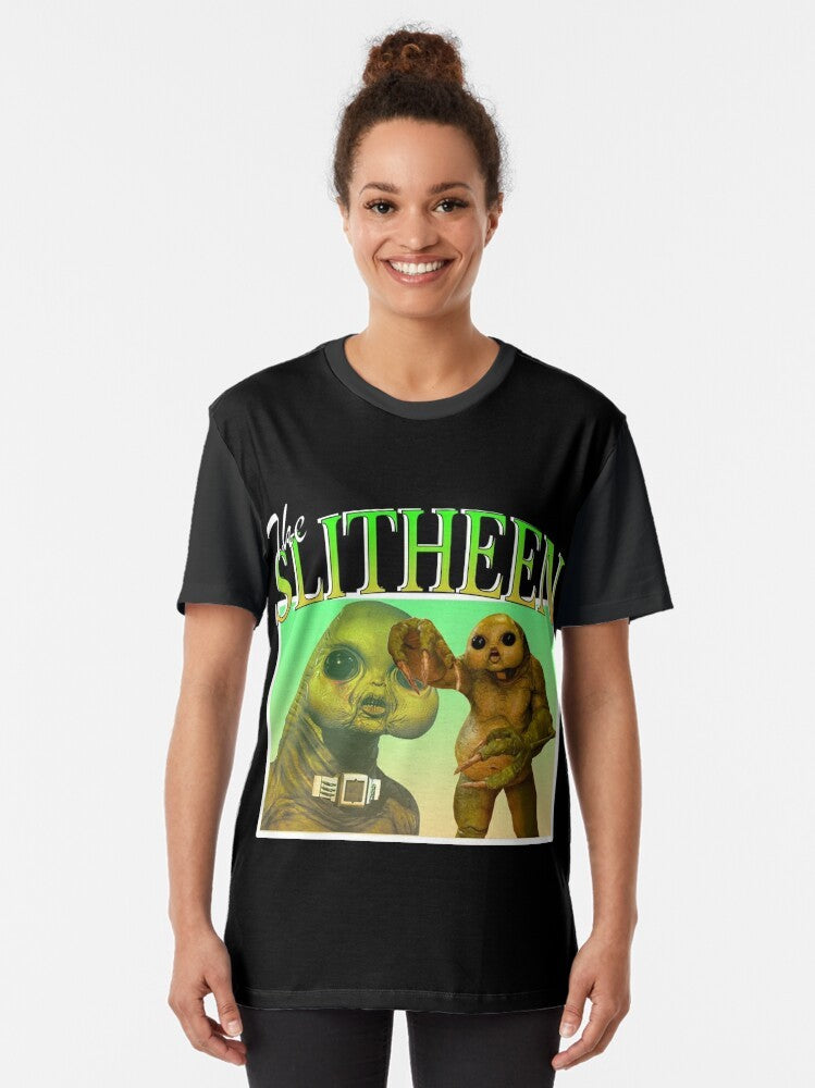 Slitheen graphic design on a black t-shirt, featuring a Doctor Who theme - Women