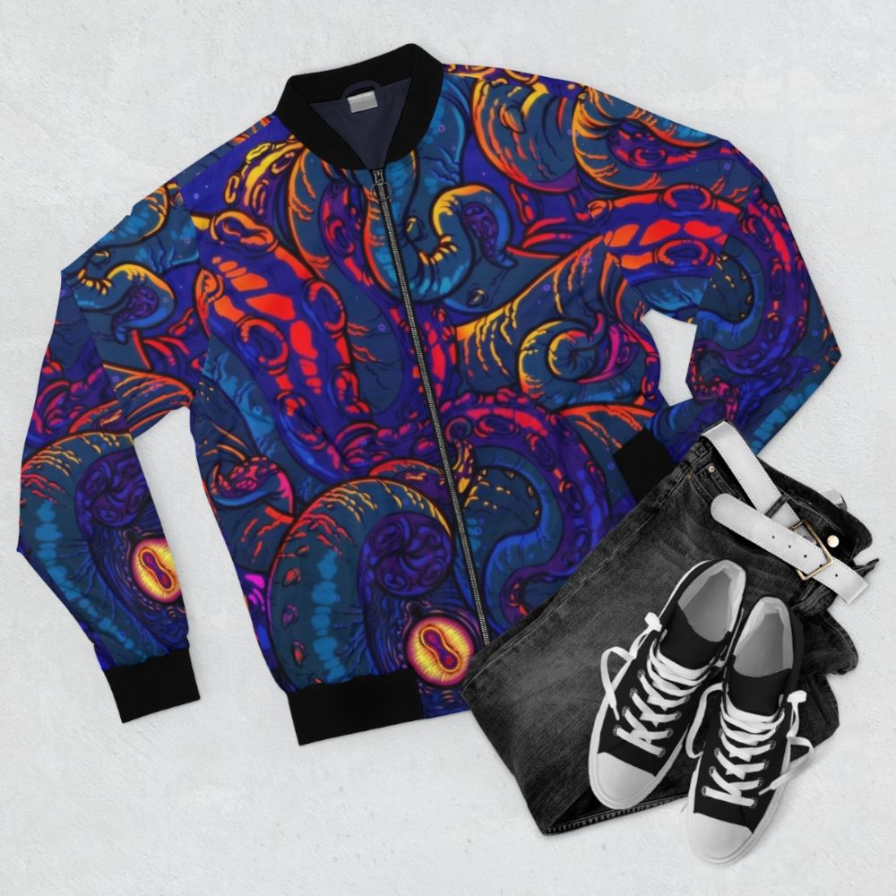 KRAKEN Bomber Jacket with Colorful Tentacle Monster Design - Flat lay