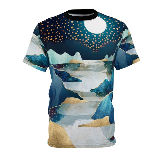 Captivating t-shirt design featuring a moon glow landscape with mountains, water, and stars.