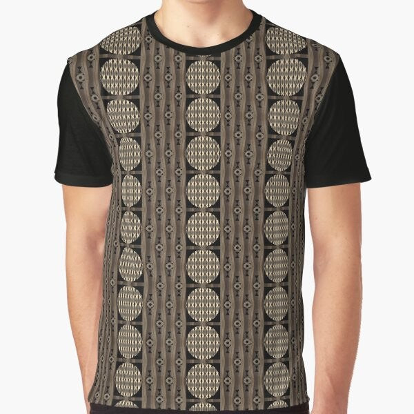 Primal patterns graphic t-shirt in gold, brown, and black colors designed by Helena Tiainen