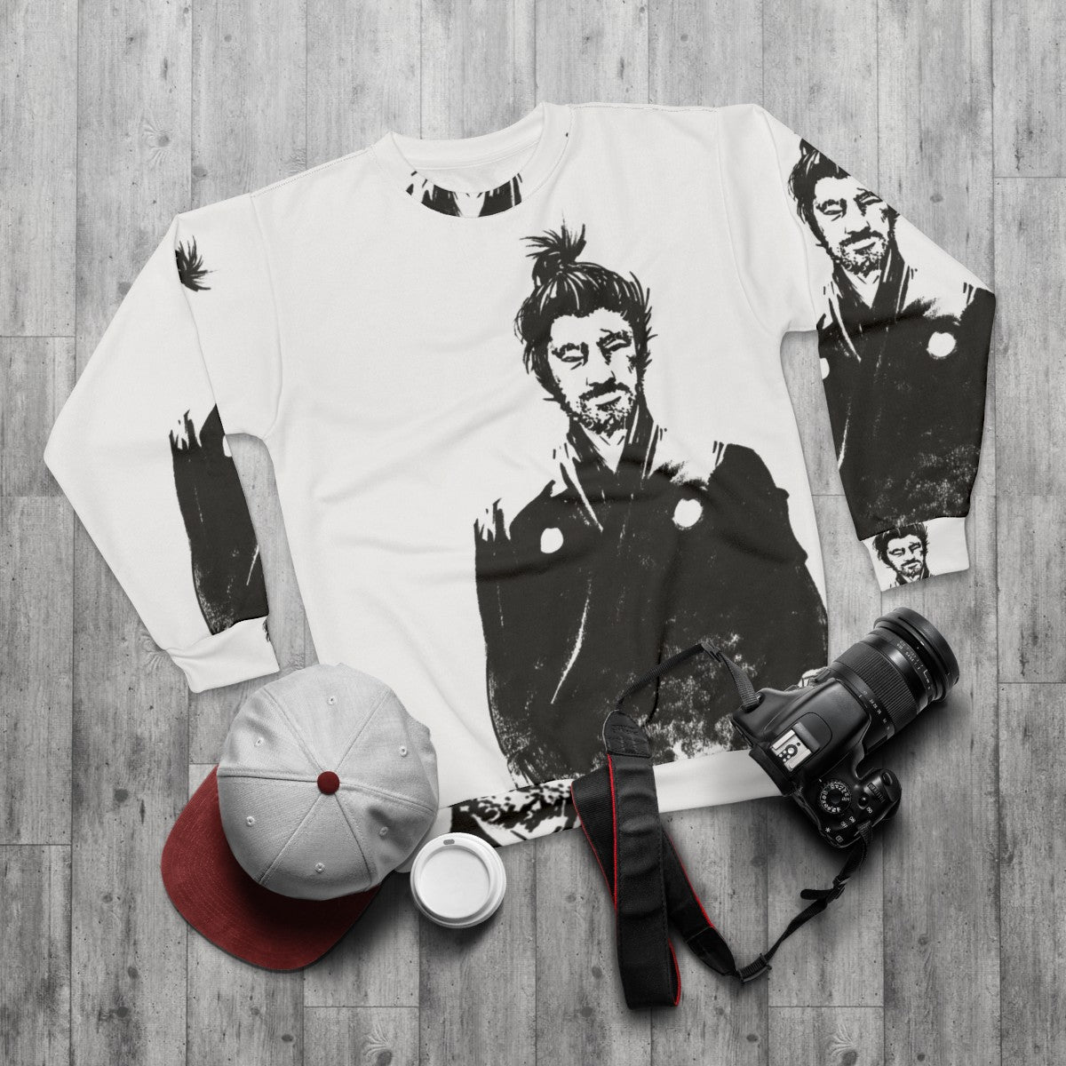 Yojimbo Samurai Sweatshirt featuring iconic portrait of Toshiro Mifune - flat lay