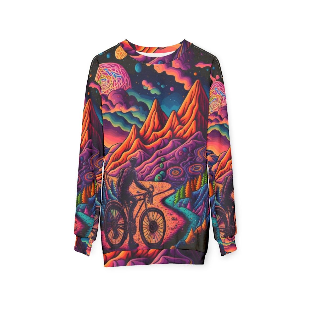 Psychedelic art sweatshirt featuring colorful 1943 bicycle design - hanging