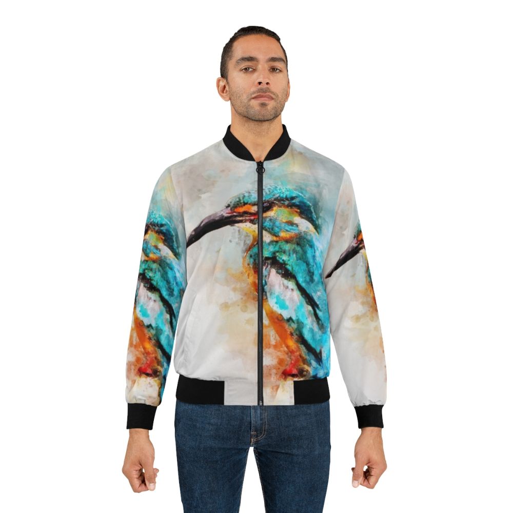 Colorful watercolor painting of a kingfisher bird on a bomber jacket - Lifestyle