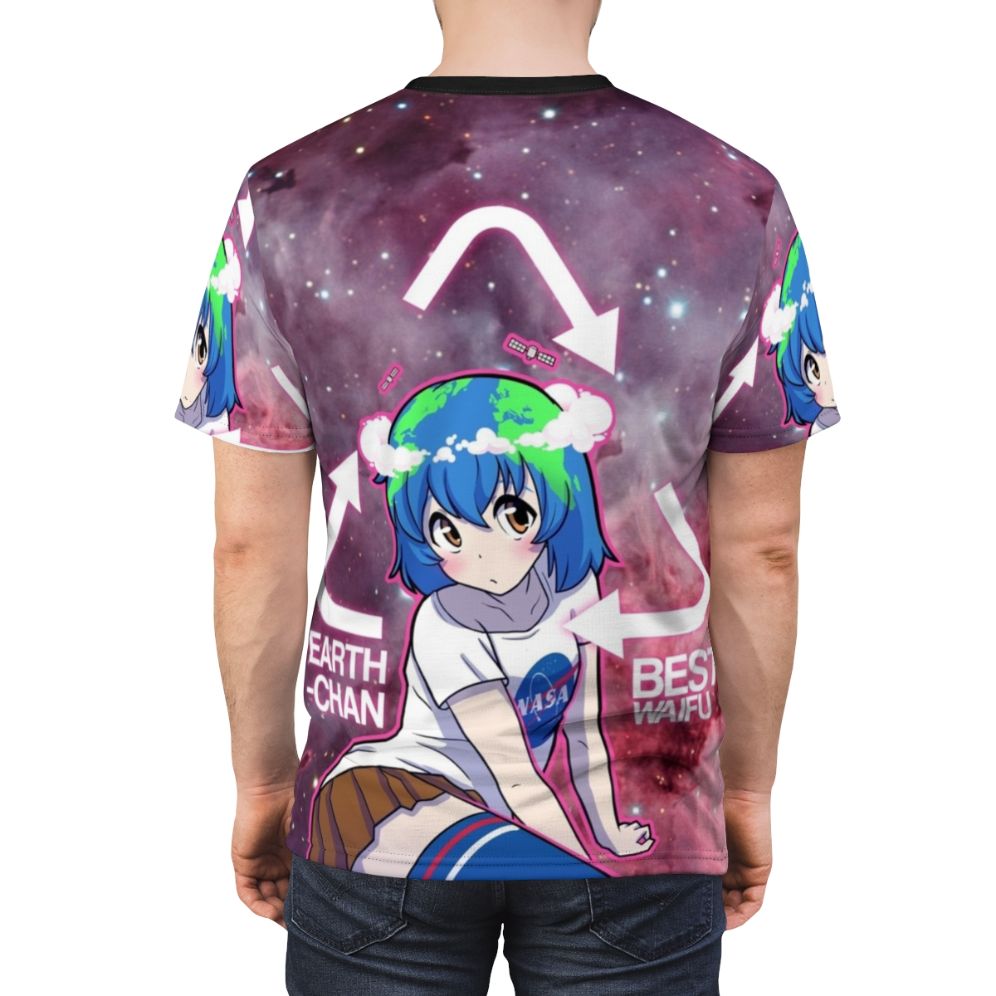 Graphic t-shirt featuring a cute anime-style illustration of the Earth planet - men back