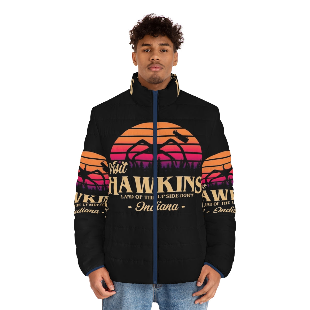 Retro Hawkins Puffer Jacket with Stranger Things inspired design - men front