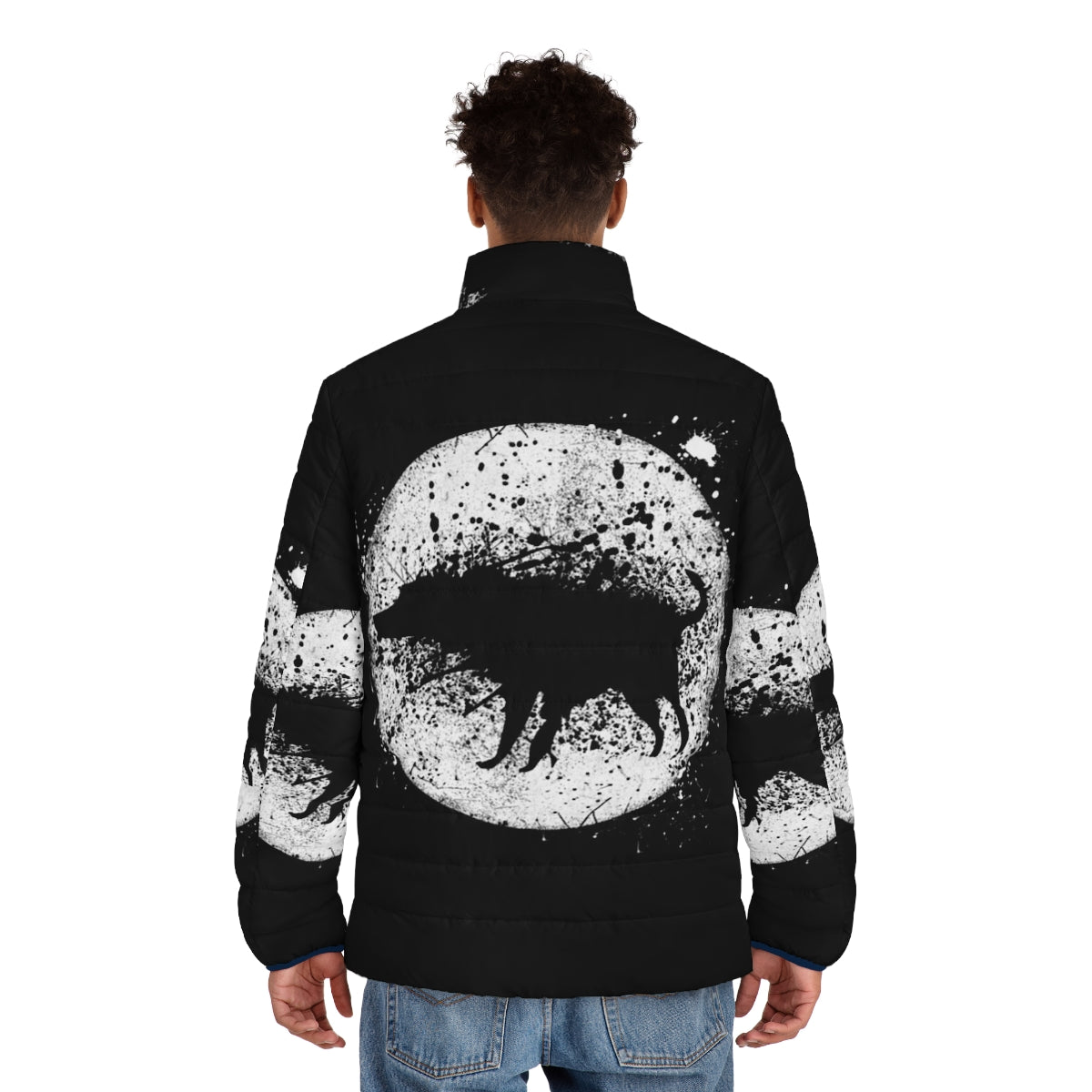 Banksy Splash Dog and Moon Puffer Jacket featuring street art inspired design - men back