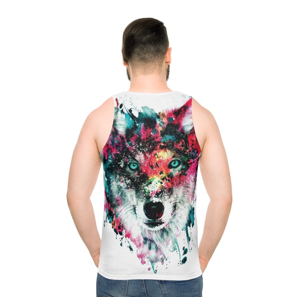 Vibrant wolf tank top with abstract watercolor art - men back