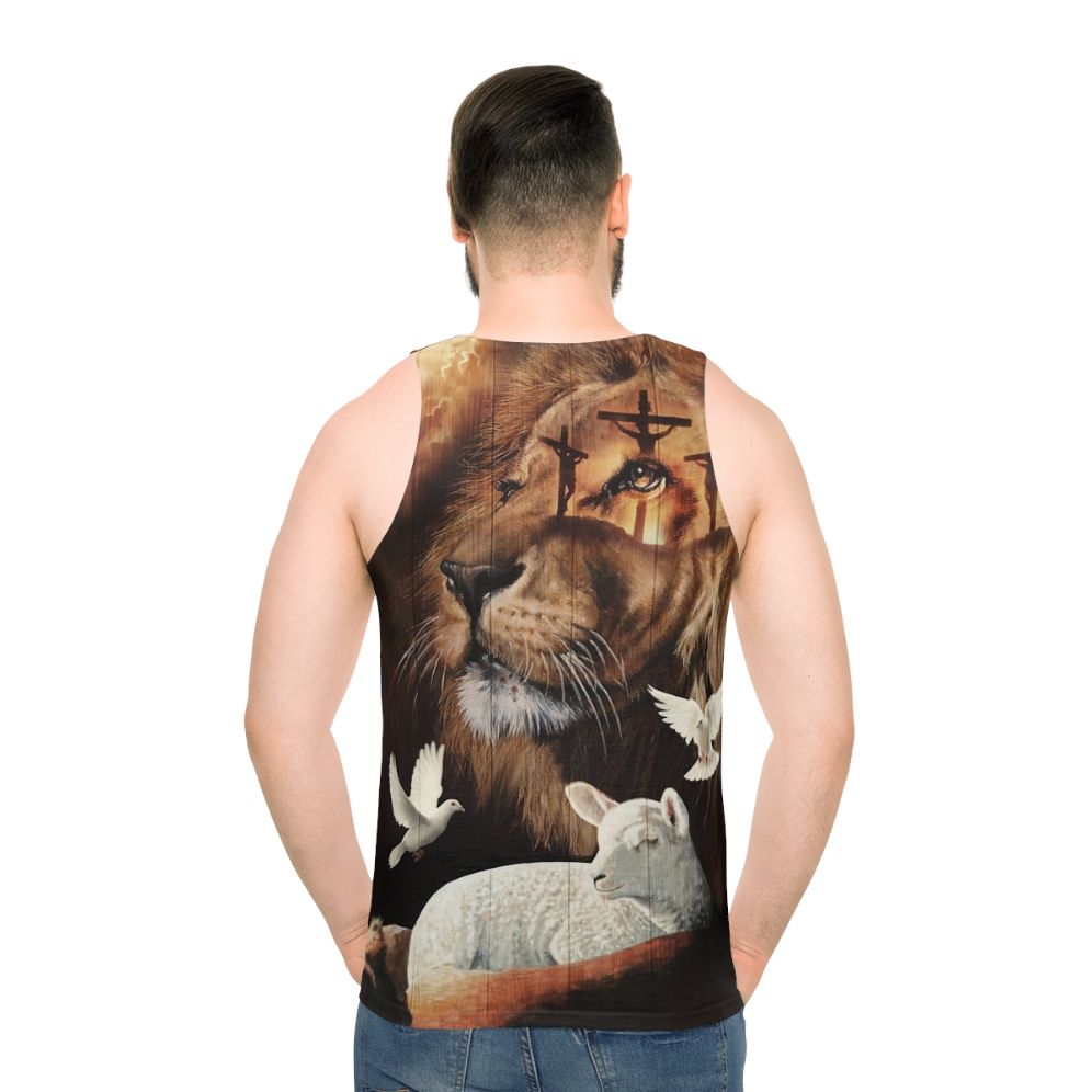 Unisex Christian tank top with the Lion of Judah and the Lamb of God - men back