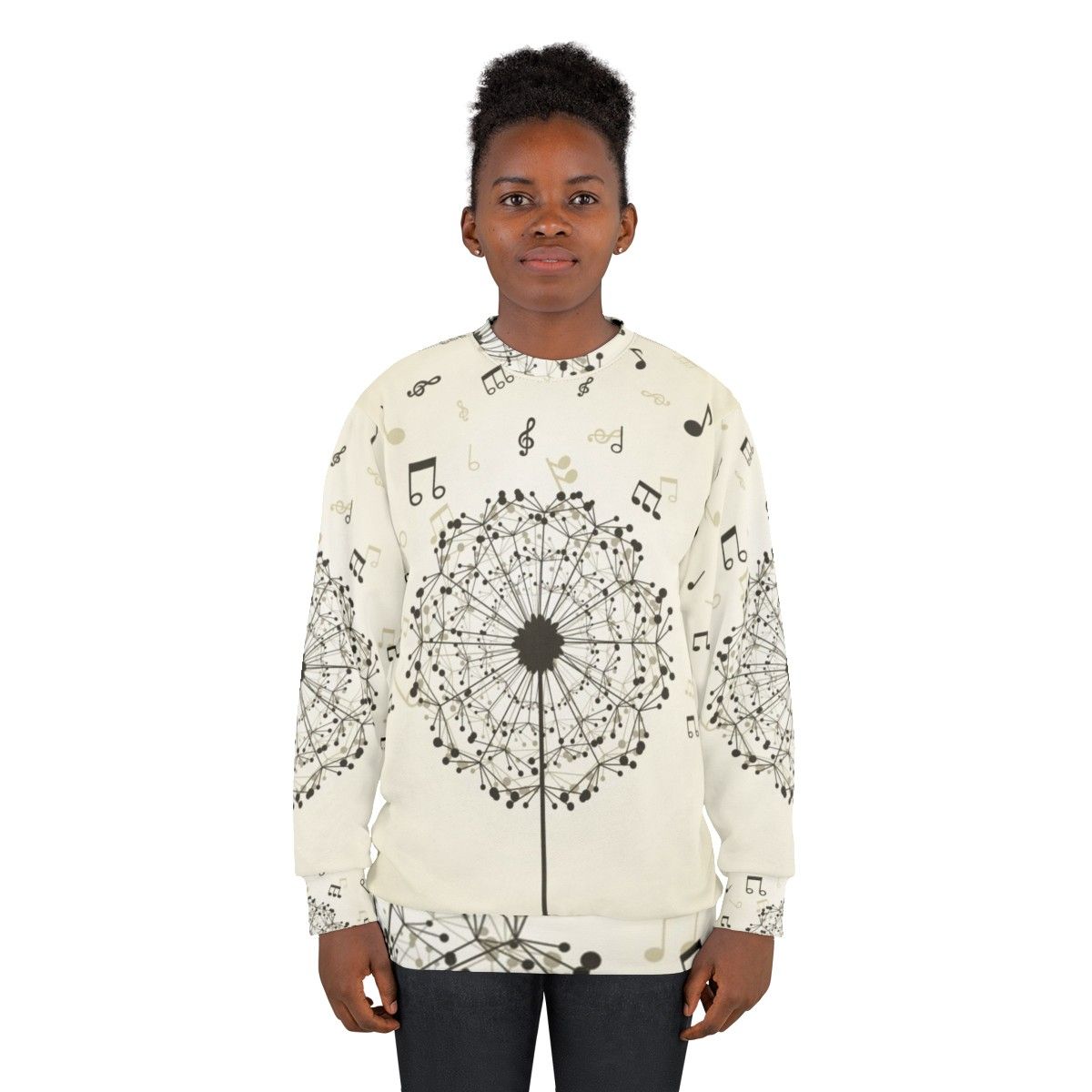 Music-themed sweatshirt with dandelion flower design - women