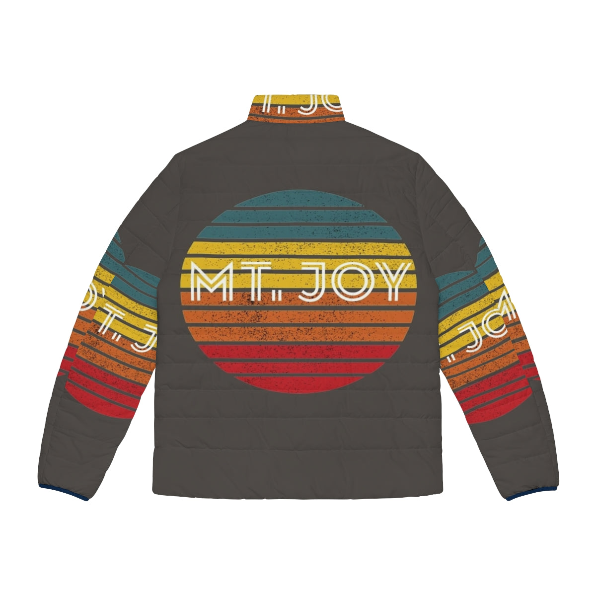 Retro vintage puffer jacket featuring a mountain and sunset design, perfect for music lovers - Back