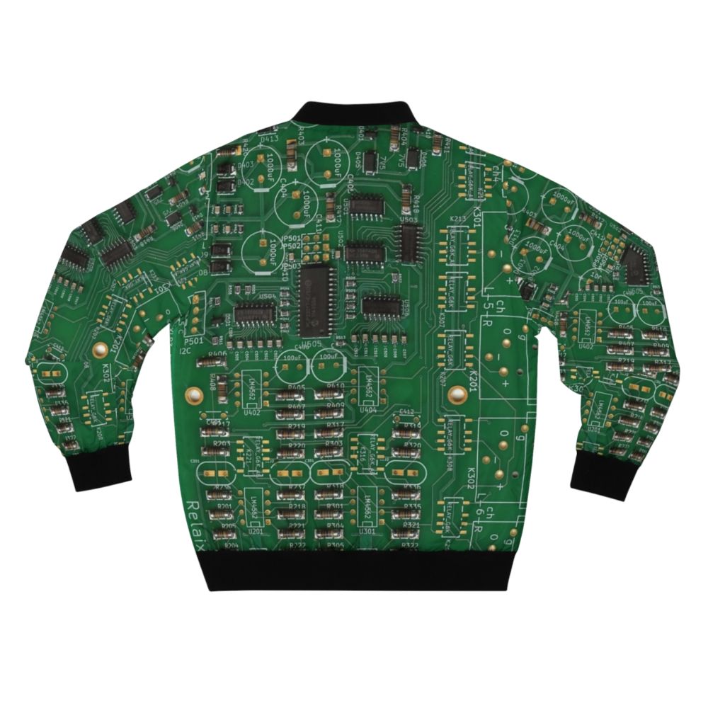 Vintage PCB Printed Circuit Board Bomber Jacket with retro and classic electronics design - Back