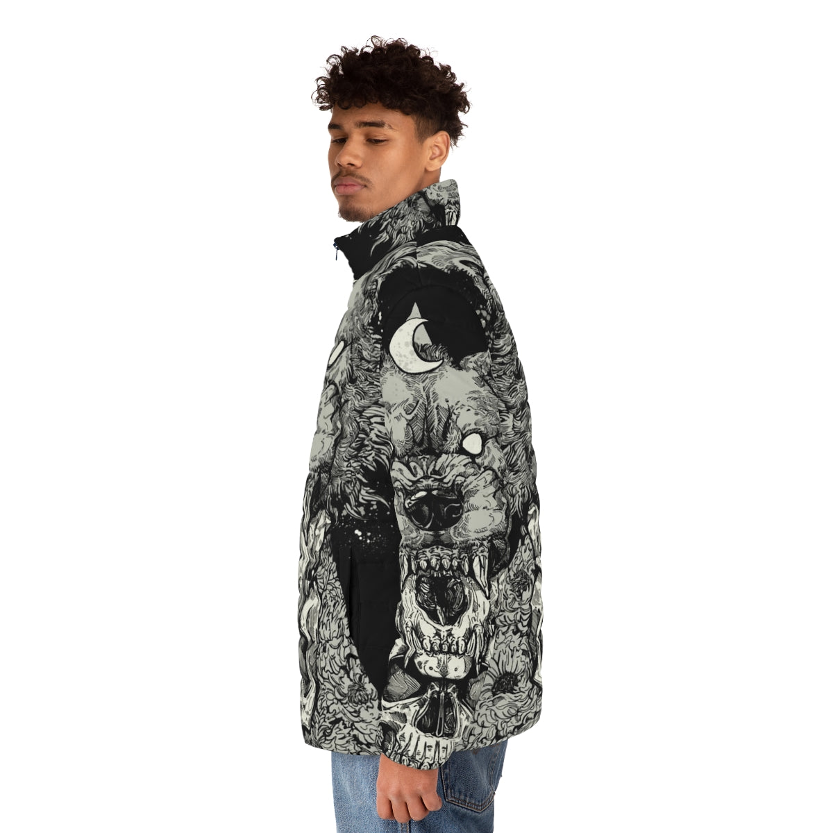 A sleek, black puffer jacket with a gothic, edgy design featuring a wolf and skull motif - men side left