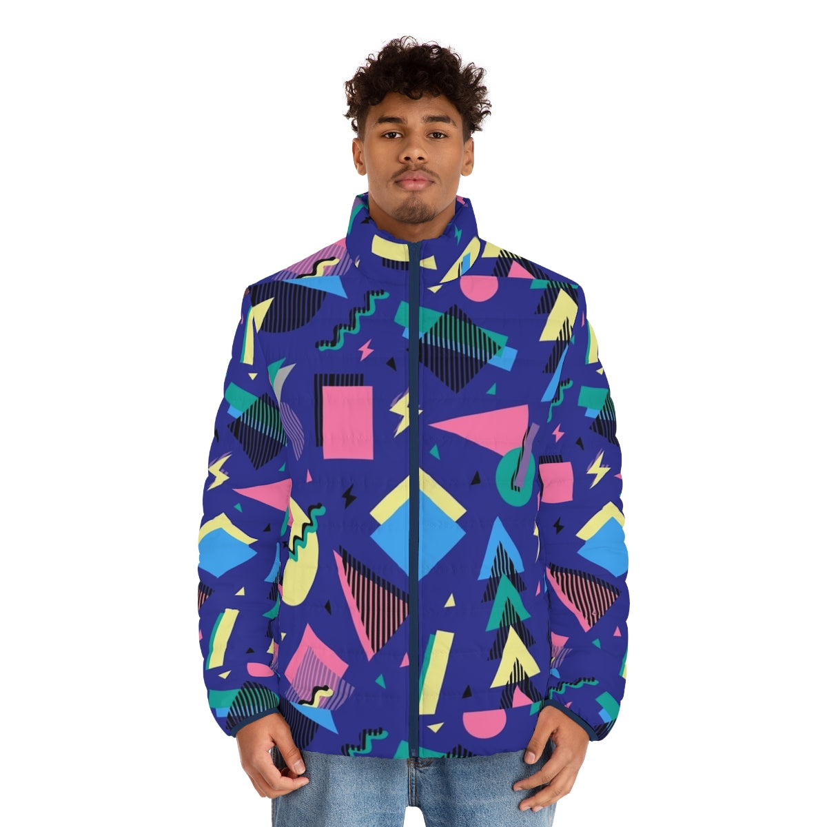 Geometric 90s design puffer jacket with pop art pattern and retro aesthetic - men front