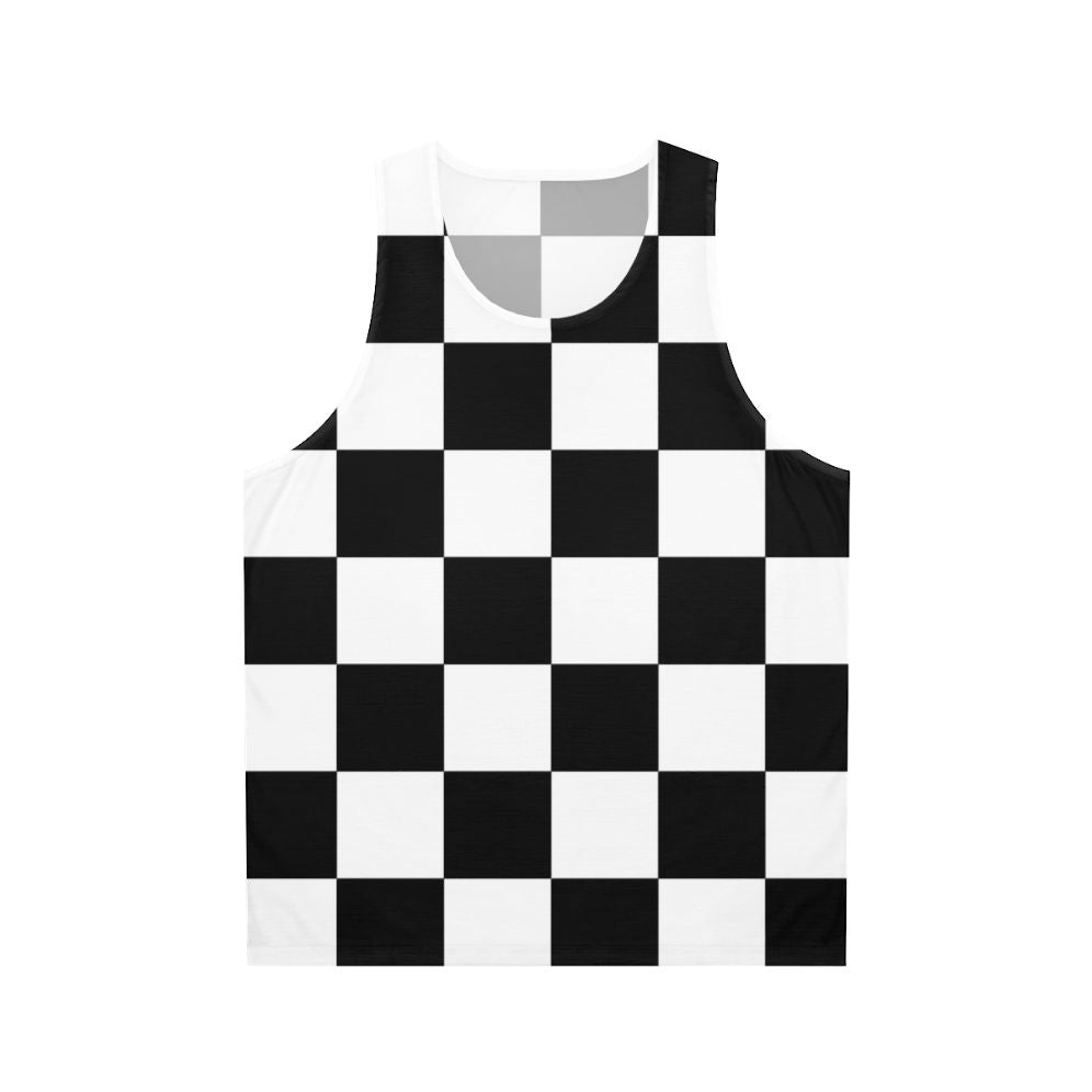 Minimalist checkered unisex tank top in black and white geometric pattern