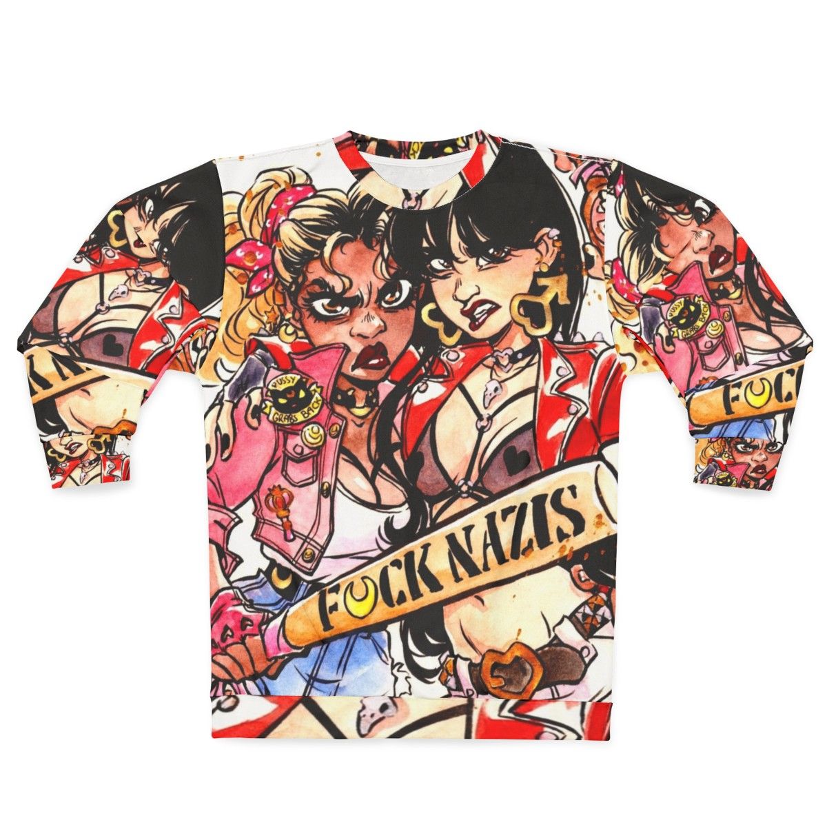 Watercolor art of magical girl superheroes on a sweatshirt