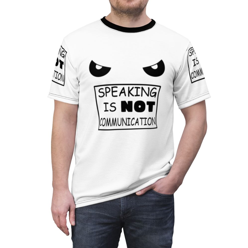 Anime-inspired graphic tee with the text "Speaking Is Not Communication" - men front