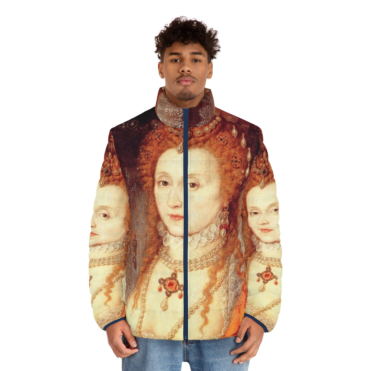 Elizabeth I portrait puffer jacket featuring a vibrant historical design - men front