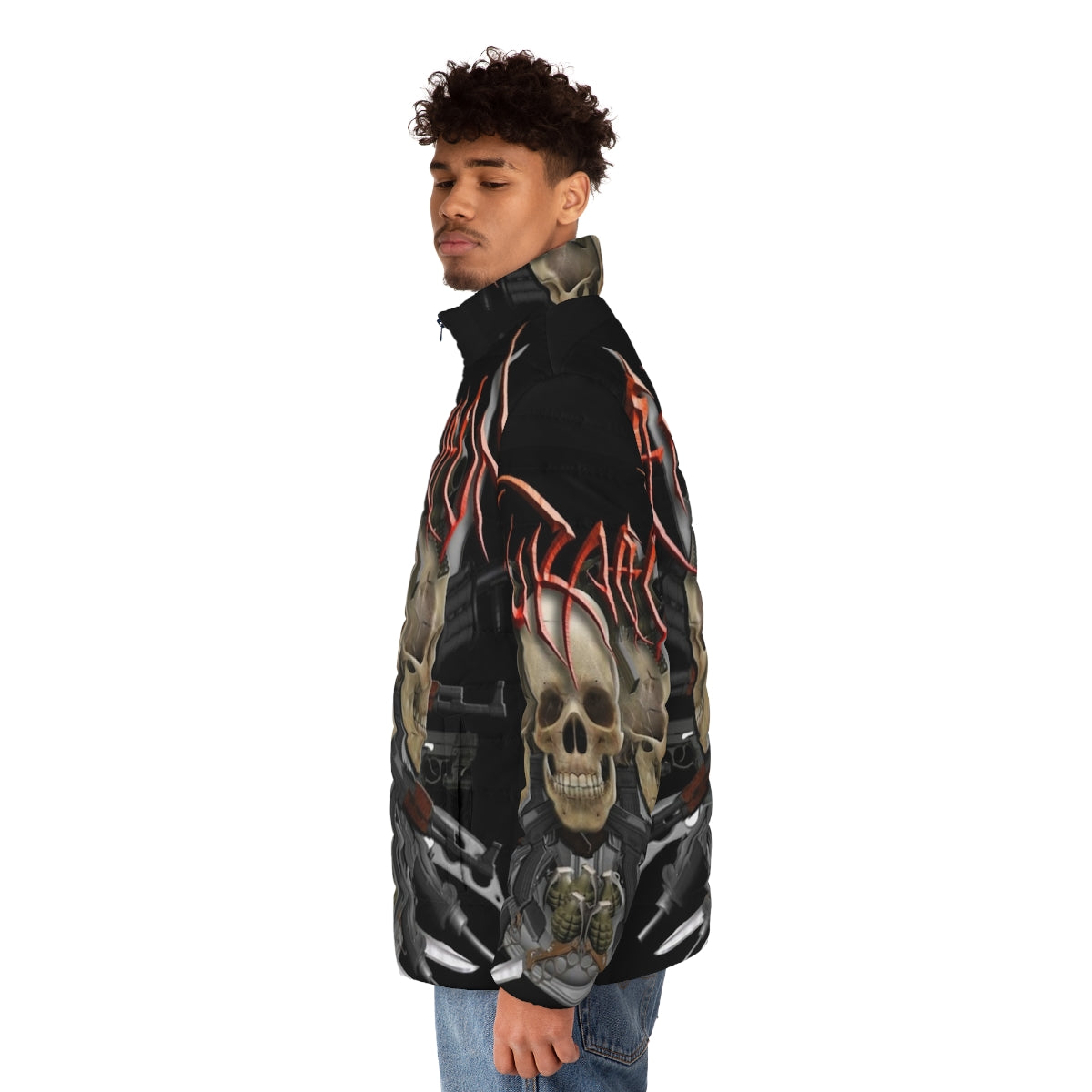 Death metal puffer jacket with band art and skull design - men side left