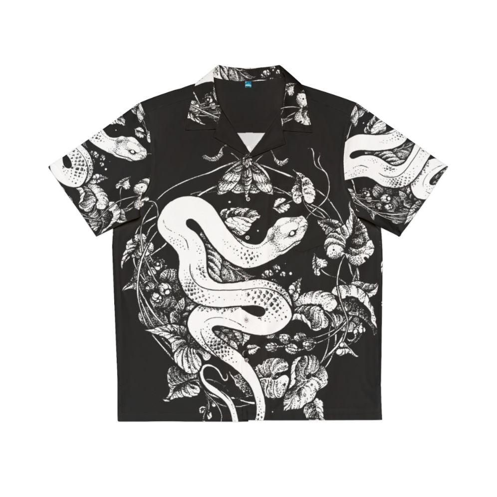 Dark and mysterious black and white Hawaiian shirt with nature inspired graphic illustration