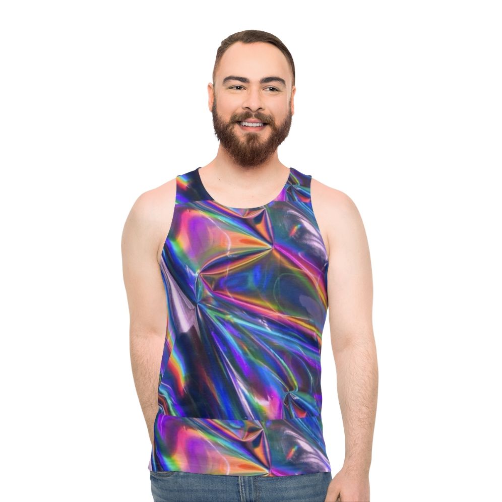 Holographic unisex tank top with iridescent, color-shifting material - men