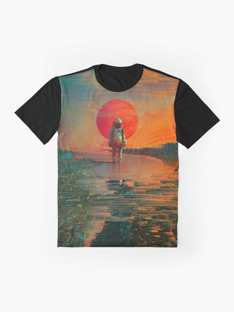 A surreal, visually striking graphic t-shirt featuring an astronaut in a collage-style space scene with planets, stars, and a cosmic blast. - Flat lay