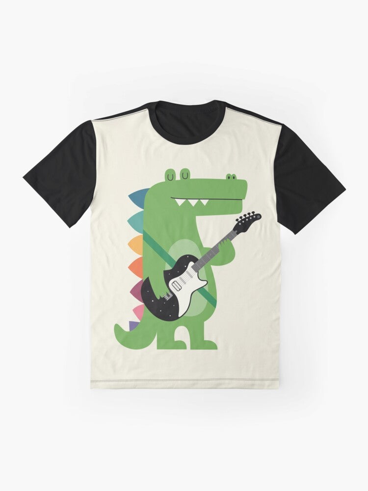 Crocodile wearing a punk rock outfit, standing in front of a rainbow background - Flat lay