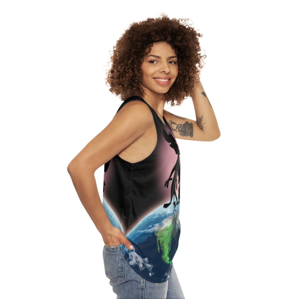 Unisex "Take Over the World" Tank Top with Cartoon Characters - women side