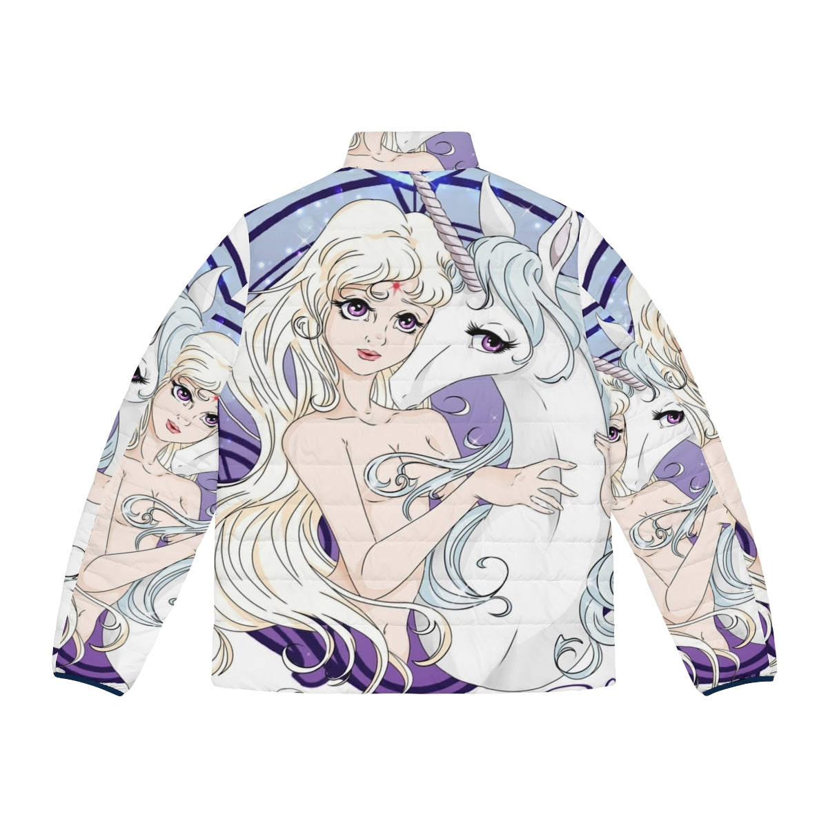 A cozy and stylish unicorn puffer jacket inspired by the classic fantasy film "The Last Unicorn" - Back