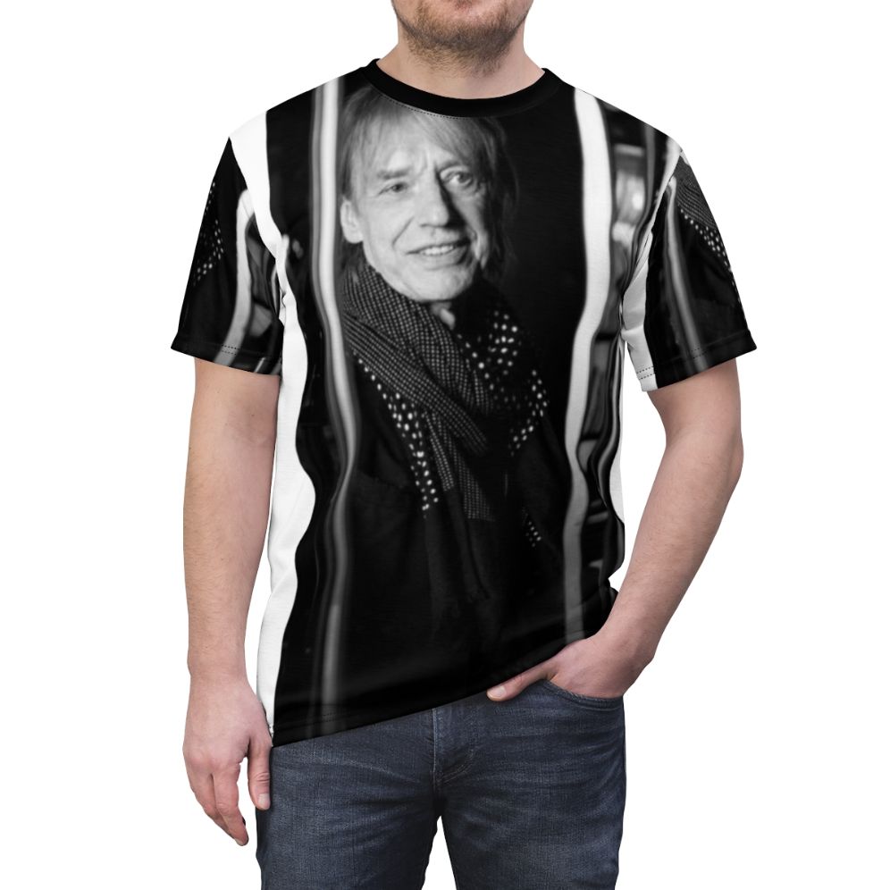 Black and white portrait of French musician Jean Louis Aubert printed on a high-quality t-shirt - men front