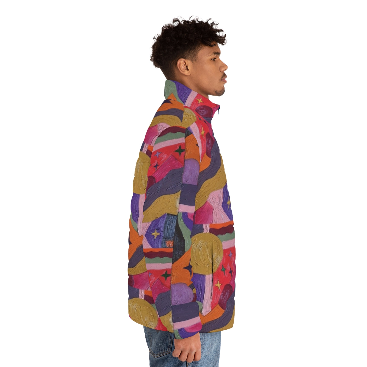 A vibrant and colorful puffer jacket featuring abstract geometric shapes and patterns - men side right